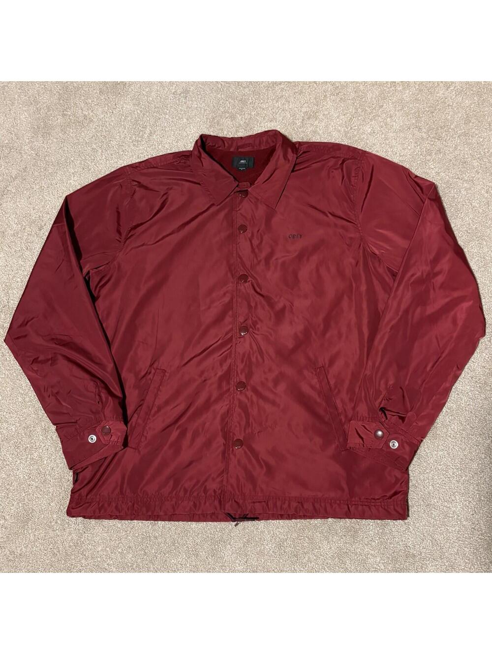 Obey Worldwide Mens Red Windbreaker Jacket Button Up Satin Collared, Sz L